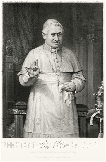 Pope Pius IX (1792-1878), Head of Catholic Church 1846-78, Three-quarter Length Portrait, Steel Engraving, Portrait Gallery of Eminent Men and Women of Europe and America by Evert A. Duyckinck, Published by Henry J. Johnson, Johnson, Wilson & Company, New York, 1873
