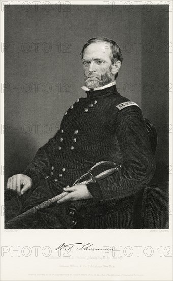 William Tecumseh Sherman (1820-1891), Union General During American Civil War, Seated Portrait, Steel Engraving, Portrait Gallery of Eminent Men and Women of Europe and America by Evert A. Duyckinck, Published by Henry J. Johnson, Johnson, Wilson & Company, New York, 1873