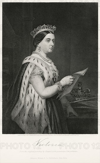 Queen Victoria (1819-1901), Queen of the United Kingdom of Great Britain and Ireland, Half-Length Portrait, Steel Engraving, Portrait Gallery of Eminent Men and Women of Europe and America by Evert A. Duyckinck, Published by Henry J. Johnson, Johnson, Wilson & Company, New York, 1873