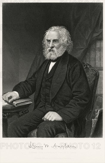 Henry Wadsworth Longfellow (1807-82), American Poet and Educator, Seated Portrait, Steel Engraving, Portrait Gallery of Eminent Men and Women of Europe and America by Evert A. Duyckinck, Published by Henry J. Johnson, Johnson, Wilson & Company, New York, 1873