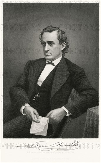 Edwin Booth (1833-93), American Actor, Seated Portrait, Steel Engraving, Portrait Gallery of Eminent Men and Women of Europe and America by Evert A. Duyckinck, Published by Henry J. Johnson, Johnson, Wilson & Company, New York, 1873