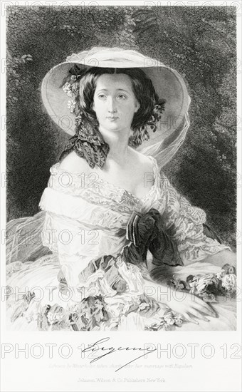 Eugénie de Montijo (1826-1920), Last Empress of France as Wife of Napoleon III, Seated Portrait, Steel Engraving, Portrait Gallery of Eminent Men and Women of Europe and America by Evert A. Duyckinck, Published by Henry J. Johnson, Johnson, Wilson & Company, New York, 1873