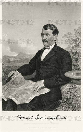 David Livingstone (1813-73), Scottish Christian Missionary and Explorer, Seated Portrait, Steel Engraving, Portrait Gallery of Eminent Men and Women of Europe and America by Evert A. Duyckinck, Published by Henry J. Johnson, Johnson, Wilson & Company, New York, 1873