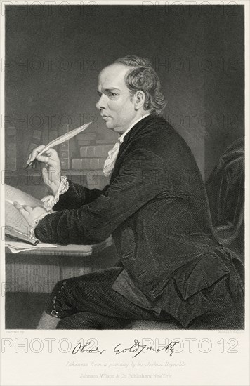 Oliver Goldsmith (1728-74), Irish Novelist, Playwright and Poet, Seated Portrait, Steel Engraving, Portrait Gallery of Eminent Men and Women of Europe and America by Evert A. Duyckinck, Published by Henry J. Johnson, Johnson, Wilson & Company, New York, 1873