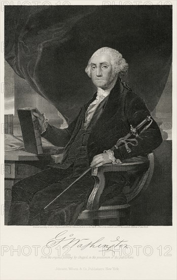 George Washington (1732-99), First President of the United States, Seated Portrait with Sword, Steel Engraving, Portrait Gallery of Eminent Men and Women of Europe and America by Evert A. Duyckinck, Published by Henry J. Johnson, Johnson, Wilson & Company, New York, 1873