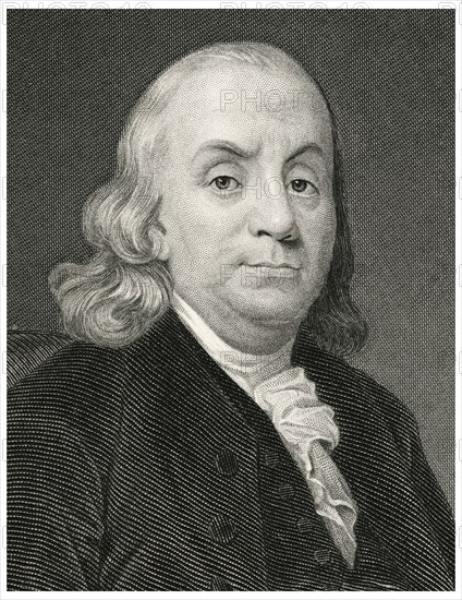 Benjamin Franklin (1706-90), American Printer, Publisher, Author, Inventor, Scientist, Diplomat and one of the Founding Fathers of the United States, Head and Shoulders Portrait, Steel Engraving, Portrait Gallery of Eminent Men and Women of Europe and America by Evert A. Duyckinck, Published by Henry J. Johnson, Johnson, Wilson & Company, New York, 1873