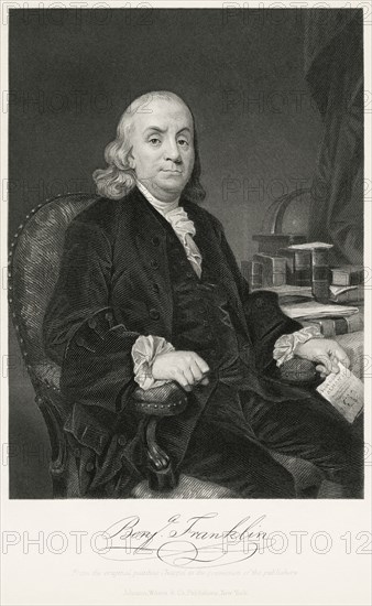 Benjamin Franklin (1706-90), American Printer, Publisher, Author, Inventor, Scientist, Diplomat and one of the Founding Fathers of the United States, Seated Portrait, Steel Engraving, Portrait Gallery of Eminent Men and Women of Europe and America by Evert A. Duyckinck, Published by Henry J. Johnson, Johnson, Wilson & Company, New York, 1873