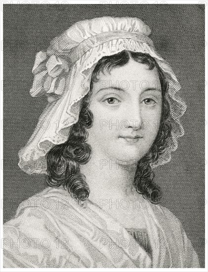 Charlotte Corday (1768-93), Executed by Guillotine for the Assassination of Jacobin Leader Jean-Paul Marat during French Revolution, Head and Shoulders Portrait, Steel Engraving, Portrait Gallery of Eminent Men and Women of Europe and America by Evert A. Duyckinck, Published by Henry J. Johnson, Johnson, Wilson & Company, New York, 1873