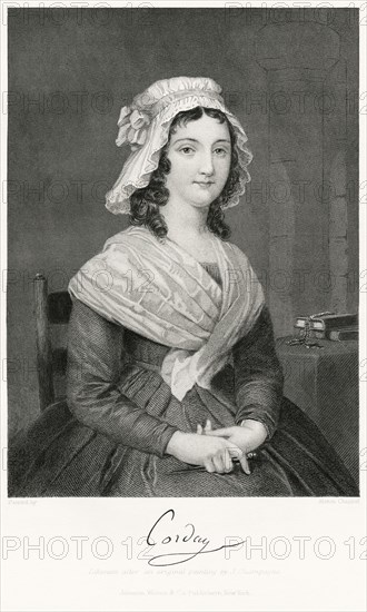 Charlotte Corday (1768-93), Executed by Guillotine for the Assassination of Jacobin Leader Jean-Paul Marat during French Revolution, Seated Portrait, Steel Engraving, Portrait Gallery of Eminent Men and Women of Europe and America by Evert A. Duyckinck, Published by Henry J. Johnson, Johnson, Wilson & Company, New York, 1873