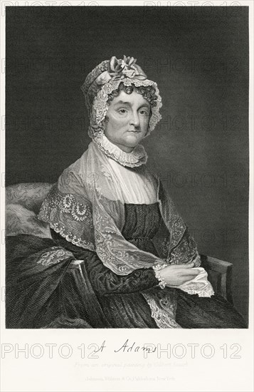 Abigail Adams (1744-1818), Wife of 2nd U.S. President John Adams and Mother of 6th U.S. President John Quincy Adams, Seated Portrait, Steel Engraving, Portrait Gallery of Eminent Men and Women of Europe and America by Evert A. Duyckinck, Published by Henry J. Johnson, Johnson, Wilson & Company, New York, 1873