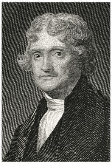Thomas Jefferson (1743-1826), Third President of the United States, Head and Shoulders Portrait, Steel Engraving, Portrait Gallery of Eminent Men and Women of Europe and America by Evert A. Duyckinck, Published by Henry J. Johnson, Johnson, Wilson & Company, New York, 1873