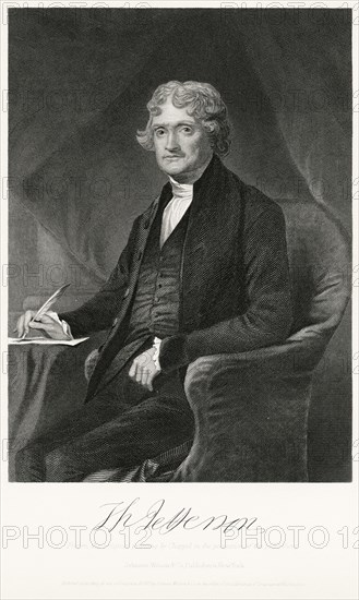 Thomas Jefferson (1743-1826), Third President of the United States, Seated Portrait, Steel Engraving, Portrait Gallery of Eminent Men and Women of Europe and America by Evert A. Duyckinck, Published by Henry J. Johnson, Johnson, Wilson & Company, New York, 1873