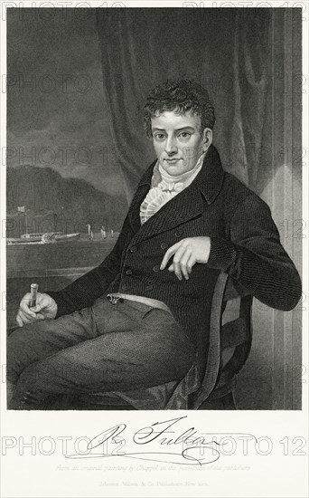 Robert Fulton (1765-1815), British-American Engineer and Inventor who is Widely Credited with the Development of the Steamboat, Seated Portrait, Steel Engraving, Portrait Gallery of Eminent Men and Women of Europe and America by Evert A. Duyckinck, Published by Henry J. Johnson, Johnson, Wilson & Company, New York, 1873