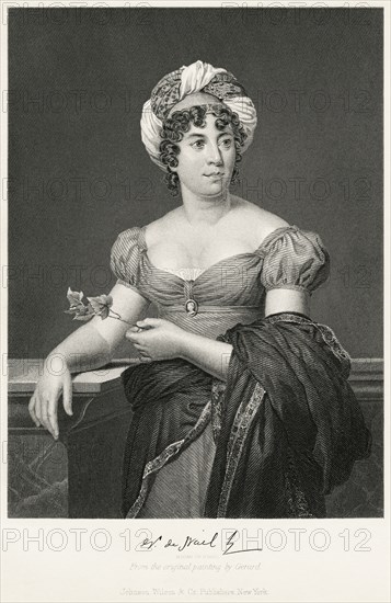 Anne Louise Germaine de Staël-Holstein (1766-1817), Commonly known as Madame de Stael, French Woman of Letters and Historian, Half-Length Portrait, Steel Engraving, Portrait Gallery of Eminent Men and Women of Europe and America by Evert A. Duyckinck, Published by Henry J. Johnson, Johnson, Wilson & Company, New York, 1873