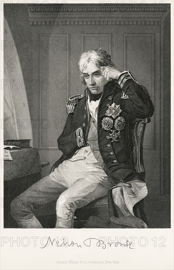 Horatio Nelson (1758-1805), English Admiral and Naval Commander, Seated Portrait, Steel Engraving, Portrait Gallery of Eminent Men and Women of Europe and America by Evert A. Duyckinck, Published by Henry J. Johnson, Johnson, Wilson & Company, New York, 1873