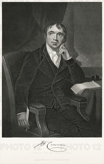 John Philpot Curran (1750-1817), Irish Lawyer and Statesman, Seated Portrait, Steel Engraving, Portrait Gallery of Eminent Men and Women of Europe and America by Evert A. Duyckinck, Published by Henry J. Johnson, Johnson, Wilson & Company, New York, 1873
