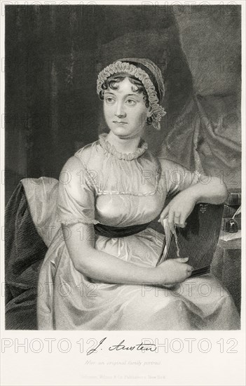 Jane Austen (1775-1817), English Novelist, Seated Portrait, Steel Engraving, Portrait Gallery of Eminent Men and Women of Europe and America by Evert A. Duyckinck, Published by Henry J. Johnson, Johnson, Wilson & Company, New York, 1873