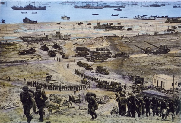 American Men and Equipment Moving in on Omaha Beach, Normandy, France, by U.S. Signal Corps, June 8, 1944