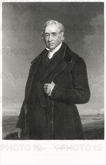 George Stephenson (1781-1848), English Engineer and Principal Inventor of the Railroad Locomotive, Three-Quarter Length Portrait, Steel Engraving, Portrait Gallery of Eminent Men and Women of Europe and America by Evert A. Duyckinck, Published by Henry J. Johnson, Johnson, Wilson & Company, New York, 1873