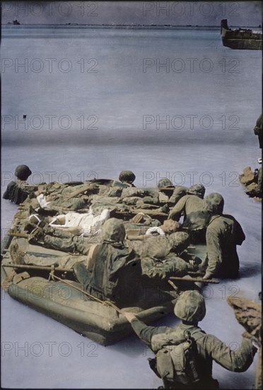 Wounded U.S. Marines on Raft being Transported to Ship, Battle of Tarawa, Tarawa Atoll, Gilbert Islands, November 1943