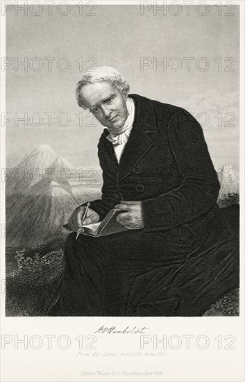 Alexander von Humboldt (1769-1859), German Naturalist and Explorer and Major Figure in the Classical Period of Physical Geography and Biogeography, Seated Portrait, Steel Engraving, Portrait Gallery of Eminent Men and Women of Europe and America by Evert A. Duyckinck, Published by Henry J. Johnson, Johnson, Wilson & Company, New York, 1873