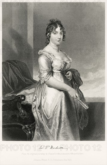 Dolley Todd Madison (1768-1849), Wife of 4th U.S. President James Madison, Three-Quarter Length Portrait, Steel Engraving, Portrait Gallery of Eminent Men and Women of Europe and America by Evert A. Duyckinck, Published by Henry J. Johnson, Johnson, Wilson & Company, New York, 1873