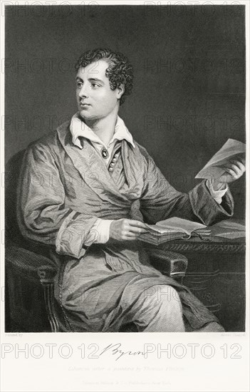 George Gordon Byron (1788-1824), Lord Byron, English Poet, Seated Portrait, Steel Engraving, Portrait Gallery of Eminent Men and Women of Europe and America by Evert A. Duyckinck, Published by Henry J. Johnson, Johnson, Wilson & Company, New York, 1873