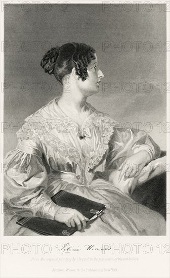 Felicia Dorothea Hemans (1793-1835), English Poet, Seated Profile Portrait, Steel Engraving, Portrait Gallery of Eminent Men and Women of Europe and America by Evert A. Duyckinck, Published by Henry J. Johnson, Johnson, Wilson & Company, New York, 1873