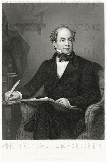 Thomas Moore (1779-1852), Irish Poet Composer and Political Propagandist, Seated Portrait, Steel Engraving, Portrait Gallery of Eminent Men and Women of Europe and America by Evert A. Duyckinck, Published by Henry J. Johnson, Johnson, Wilson & Company, New York, 1873