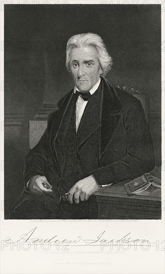 Andrew Jackson (1767-1845), Seventh President of the United States, Seated Portrait, Steel Engraving, Portrait Gallery of Eminent Men and Women of Europe and America by Evert A. Duyckinck, Published by Henry J. Johnson, Johnson, Wilson & Company, New York, 1873