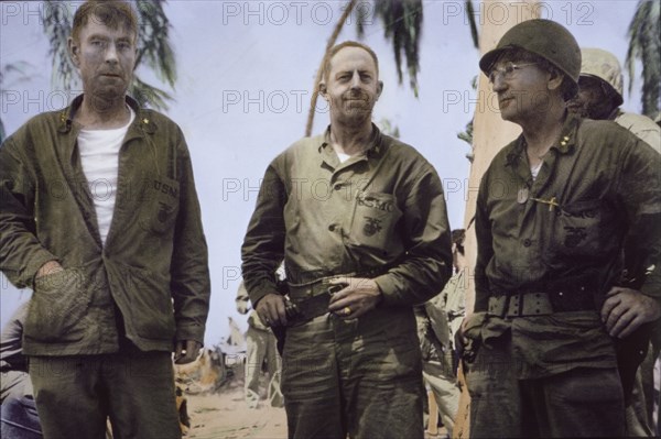Brigadier General Thomas E. Bourke, Artillery Officer, Colonel Merritt A. Edson, Divisional Chief of Staff and Major General Julian C. Smith, Commander of Second Marine Division, Battle of Tarawa, Tarawa Atoll, Gilbert Islands, November 1943
