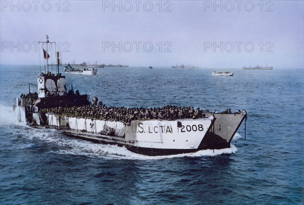 U.S. LCT(A) 2008 Navy Ship Loaded with U.S. Troops Heading toward Beachhead during Invasion of Normandy, Normandy, France, June 7, 1944