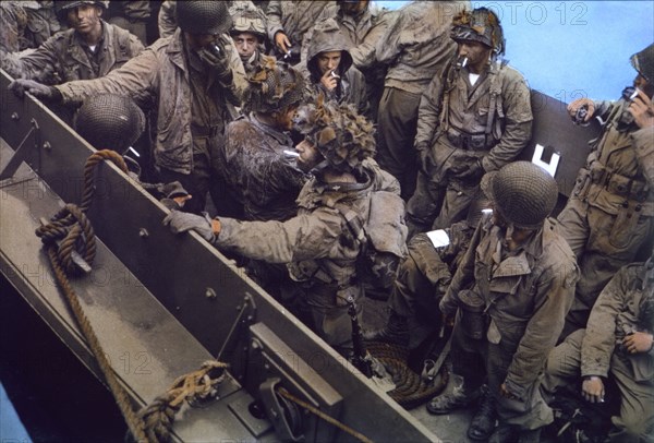 U.S. Soldiers aboard Landing Craft, Vehicle, Personnel (LCVP), approaching Omaha Beach, Normandy, France, June 7, 1944