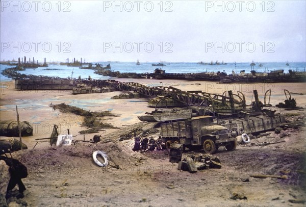 U.S. Pontoon Bridges Connecting Omaha Beach to Temporary Mulberry Harbour A, Normandy, France, June 16, 1944