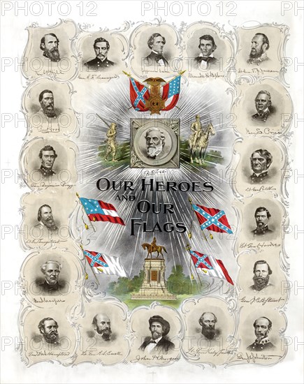 Our Heroes and our Flags, Confederate Memorial Print Published 30 years after the end of the American Civil War, Lithograph by G.H. Buek & Co., 1895
