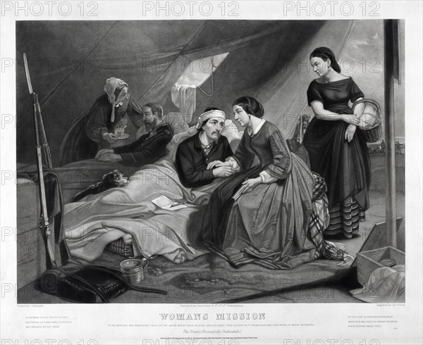Womans Mission, to the Patriotic and Benevolent Ladies of the Union who by their Devoted Services Aided their Country in its Trying hour and Comforted its Brave Defenders, from a Painting by C. Schussele, Engraving by Adam B. Walter, Published by  john Dainty, 1865