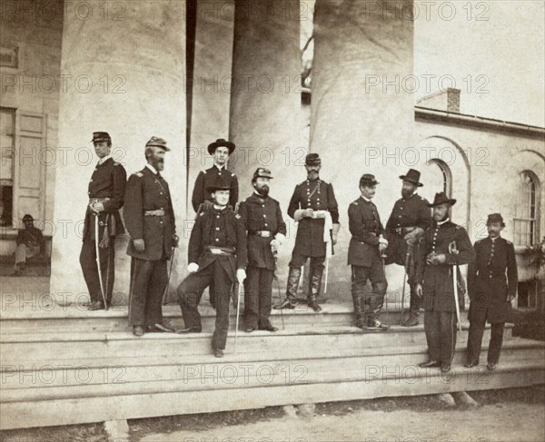 General Samuel P. Heintzelman and Union Officers Standing on Steps of Arlington House, Arlington, Virginia, USA, Photography by Alexander Gardner, 1862