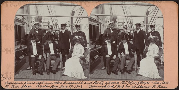 U.S. President Theodore Roosevelt (1st row center), Edith Roosevelt (1st row right) and Guests aboard Mayflower during Review of War Fleet, Oyster Bay, New York, USA, Stereo Card, William H. Rau, August 17, 1903