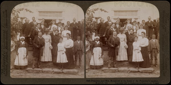 President and Mrs. Roosevelt at the home of the President's Mother, Roswell, Georgia, USA, Stereo Card, Underwood & Underwood, 1905