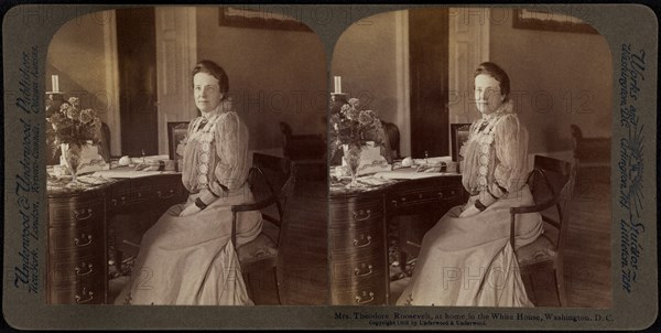 Mrs. Roosevelt, at home in the White House, Washington DC, USA, Stereo Card, Underwood & Underwood, 1903