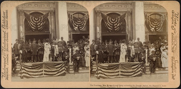 The President, Mrs. Roosevelt and Party Reviewing the Parade before the Exposition Auditorium, Charleston, South Carolina, USA, Stereo Card, Underwood & Underwood, 1902