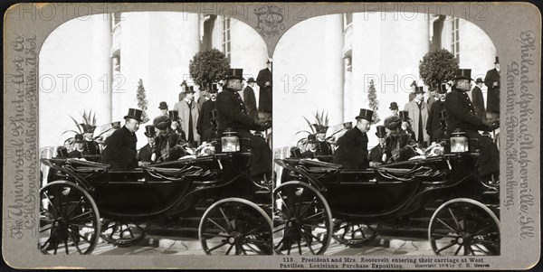 President and Mrs. Roosevelt entering their Carriage at West Pavilion, Louisiana Purchase Exposition, St. Louis, Missouri, USA, Stereo Card, C.H. Graves, The Universal Photo Art Co., 1904