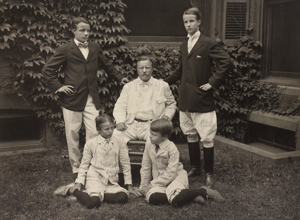 U.S. President Theodore Roosevelt Surrounded by his Four Sons, Full-length Portrait, Photograph by Pach Bros., 1907