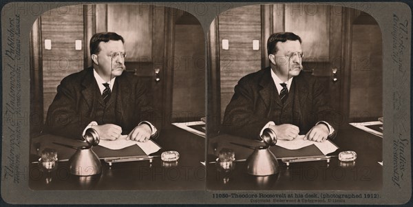 Theodore Roosevelt at his Desk, USA, Stereo Card, Underwood & Underwood, 1912