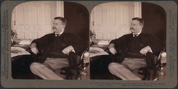 Theodore Roosevelt, President, at his desk in the White House, Washington, USA, Stereo Card, Underwood & Underwood, 1903