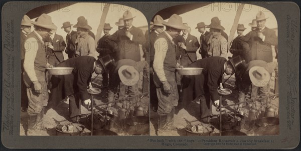 "Pot luck" with the "boys", President Roosevelt's Cowboy Breakfast at Hugo, Colorado, Stereo Card, Underwood & Underwood, 1903