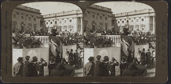President Theodore Roosevelt delivering his inaugural address, Washington, D.C., Stereo Card, American Stereoscopic Co., March 4, 1905
