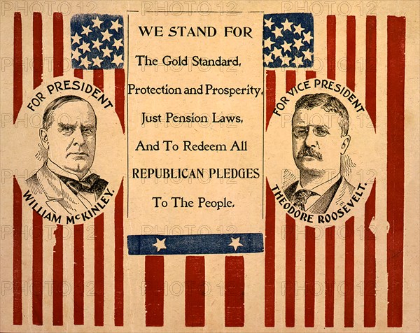 Campaign Poster for William McKinley and Theodore Roosevelt, Head and Shoulders Portraits  on United States flags, Lithograph, 1900