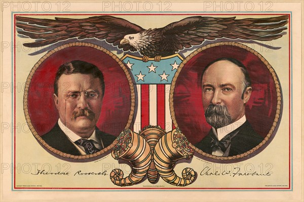 Political Campaign Poster with Head and Shoulders portraits of Theodore Roosevelt (left), for President, and, Charles W. Fairbanks, for Vice President, Lithograph by Sackett & Wilhelms Litho. & Prt. Co. from Photographs by Pach Brothers, Published by Judge Company, 1904
