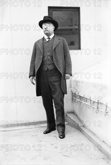 Theodore Roosevelt, Full-Length Portrait on Deck of the Ship Guiana in New York Harbor prior to sailing to the West Indies , Bain News Service, February 11, 1916